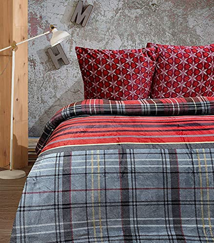Leonado Vicenti Teddy Plüsh Bettwäsche 135x200 cm Cashmere Touch Winter Coral Fleece Flausch Grau Rot Sterne Schneeflocken Weinachten, Rot Gestreift