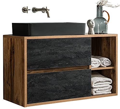 Lomadox Waschtisch mit Unterschrank 100 cm, Eiche mit Beton Dunkel, Keramik-Waschbecken schwarz, 2 Softclose-Schubkästen, B/H/T ca. 100/71/46 cm
