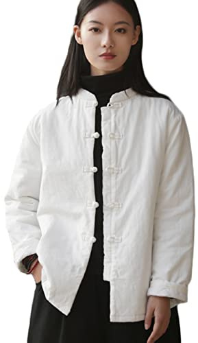 NFYM Women's Lighweight Cotton Padded Coats Cotton Linen Chinese Tang Suit Style Morning Exercise Tai Chi Jackets (White, One Size)