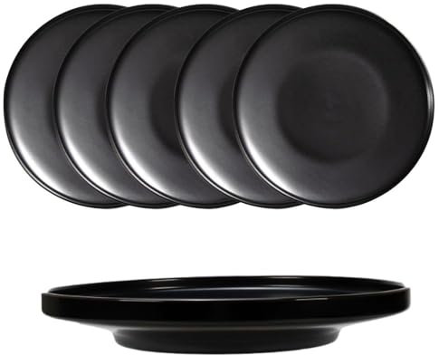 Kadum Platos de desayuno de cerámica negros, 6 unidades, cuencos gourmet, platos llanos de cerámica, 22 cm, color negro, 6 piezas
