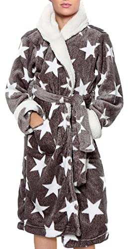 A2Z Ladies Sherpa Fleece Hooded Dressing Gown Star Print Robe | Belted Plush Wrap With Pockets For Lounging Homewear And Cosy Comfort