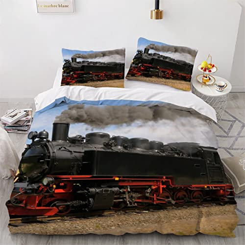 LLSL Dampflokomotive Bettwäsche 135×200 Kinder Retro-Lokomotive 3D Druck Bettbezüge Mikrofaser Weiche kuschelig 3 teilig Bettwäsche Set mit Reißverschluss et 2 Kissenbezug 80x80 für Jungen