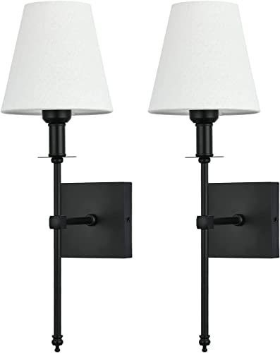 Enyhom 2 Stücke Wandlampe Industrial Festverdrahtete Wandleuchte Innen Schwarz mit Weißem Stoffschirm, Badezimmer Lampe Wand Retro E27, Nachttischlampe Bettlampe Wandbeleuchtung für Flur Schlafzimmer