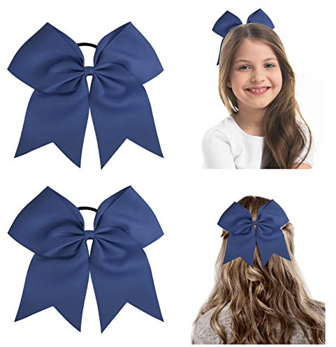 WLLHYF 2 STÜCKE Große Cheer Schleife 8 Zoll Jumbo Cheer Haarschleifen Pferdeschwanzhalter Gummiband für Cheerleader Teenager Mädchen College Sport Weiß Cheerleading Schleife Haarschmuck (Marineblau)