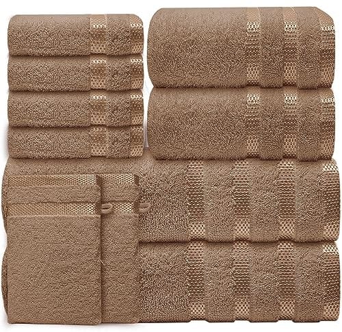 Casabella Luxury Bath Towel Set- 10 Piece Towels for Bathroom 100% Cotton-2 Bath Towels, 2 Hand Towels, 4 Face cloth & 2 Body Wash Gloves Highly Absorbent Hotel Quality Towel Bale Set Beige