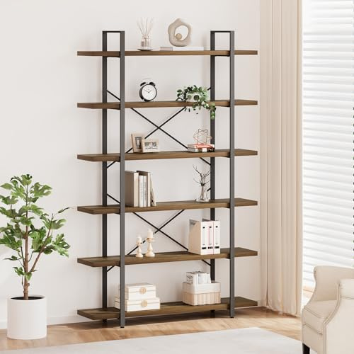 HSH Bücherregal 6 Ebenen, Großes Standregal aus Holz und Metall, Modernes Aufbewahrungsregal im Landhausstil, Offenes Regal für Wohnzimmer Schlafzimmer Büro, Helle Eiche 120 x 32 x 216 cm