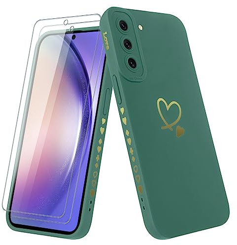 Vauki Cover con 2 Pezzi Vetro Temperato per Samsung Galaxy A54 5G, Custodia con Amore Cuore per Donna TPU Silicone Morbido Antiurto AntiGraffio Case Compatibile con Samsung A54 5G, Verde