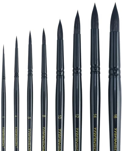 Transon 8pcs Round Watercolor Paint Brush Set Goat Hair for Watercolors,Acrylics,Inks,Gouache,Oil and Tempera Black Color