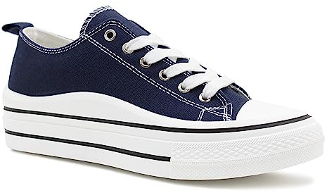 Womens Lace Up Platform Sole Canvas Baseball Sneakers Ladies Chunky Retro Flat Low Top Fashion Trainers Pumps (Navy, UK Footwear Size System, Adult, Women, Numeric, Medium, 4)
