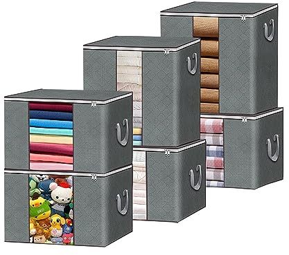 RVIKCMR Aufbewahrungstasche 6 Stück, Aufbewahrungsbox mit Deckel Groß, Kleideraufbewahrung Umzugskartons, Faltbare Aufbewahrung Boxen für Bettdecken Kleidung Decken Unterbett Kleiderschrank Organizer