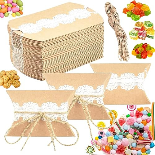 50 Stück Vintage Kissen Geschenkbox, Vintage Kraft Geschenkboxen, Pralinenschachtel Hochzeit, Geschenkbox Kissenform, Geschenkbox Für Hochzeitsfeiern Mit Spitze Und Jutekordel (9 x 6,5 x 2,4 Cm)