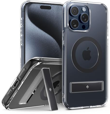 Caseology Capella Mag Kickstand Case Compatible with iPhone 15 Pro [Military Grade Protection] [Built in Stand] with Strong Magnet for iPhone 15 Pro - Clear Charcoal