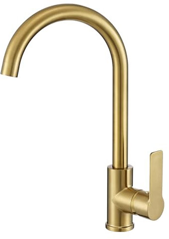 Peppermint Grifo monomando monomando de oro cepillado para fregadero de cocina, grifo mezclador de fregadero dorado, 1 agujero, cuello de cisne con boquilla giratoria de 360°