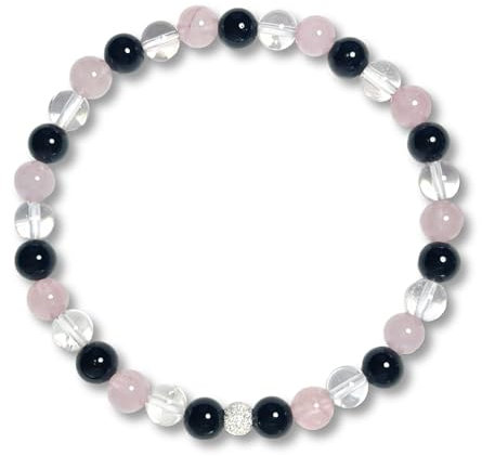 Majas Perlen Armband Achtsamkeit Bergkristall Turmalin Rosenquarz echt 6mm mit 925er Sterling Silber 5mm facettiert - Größe 16 bis 18cm - Handmade Perlenarmband - Spiritueller Schmuck Unisex