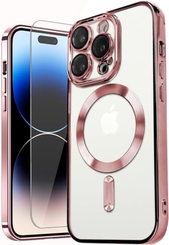 MH TECH Electroplated Case for iPhone 15 Pro Max Camera Lens Full Protection, Compatible with MagSafe Wireless Charging, Shockproof Soft TPU Phone Cover (Rose Gold)