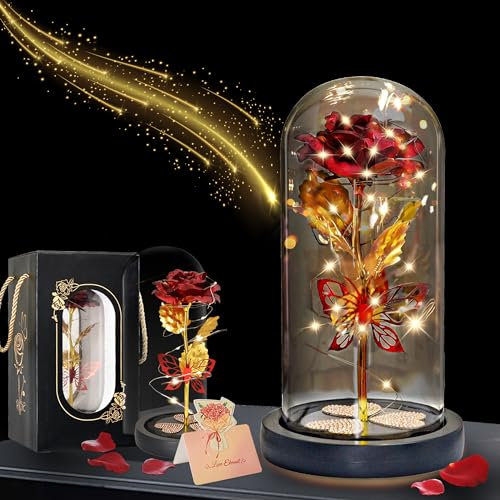Rosa Stabilizzata Vera,Regalo San Valentino Per Lei Rosa Eterna Con Copertura In Vetro Removibile,Fiori Rosa La Bella e La Bestia Con Luci,Idee Regalo Per Anniversario Compleanno Donna Amica Mamma