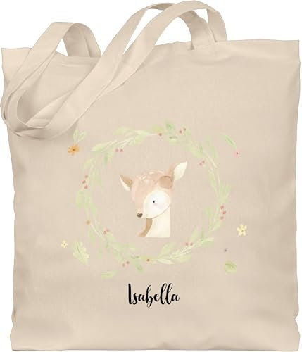 Baumwolltasche - Süßes Reh mit Name Geschenk I Geschenkidee Rehkitz - Unisize - Naturweiß - stoffbeutel kindergarten tier mädchen beutel personalisierte geschenke tiere tieren tasche