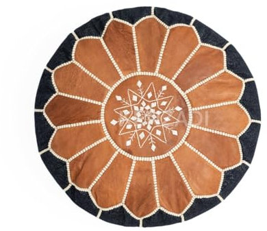 KENZADI Gefüllter Pouf aus echtem Leder, handgefertigt genäht in Marrakesch von marokkanischen Kunsthandwerkern (Jeans mit Bräunung)