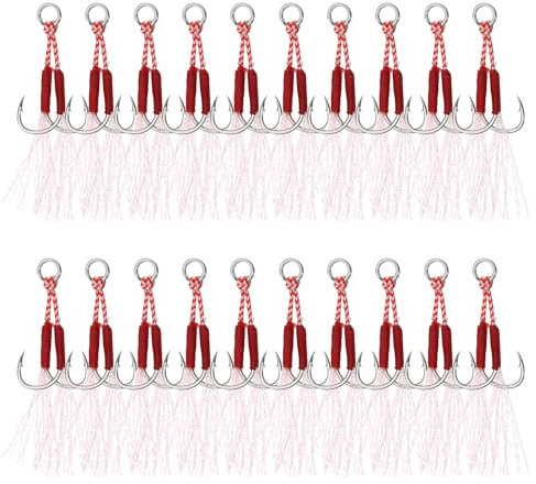 PATIKIL Double Fishing Assist Hooks Kit, 20 Pcs Glow Jigging Hook Slow Fast Fall Jigs Fishing Hooks for Vertical Jigging Lures, Green (11#, 53mmx11mm)