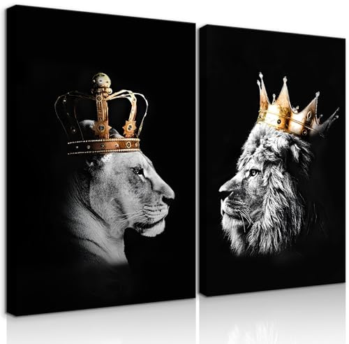 BJVJKSU Wandschmuck mit Löwenmotiv, Motiv: König und Königin, Löwin, Leinwand-Wanddekoration mit goldener Krone, Motiv: wilde Tierpaare, fertig zum Aufhängen, 40,6 x 61 cm