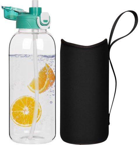 DEARRAY 2 litros Grande Botella Agua Cristal con Pajita, 2l a Prueba de Fugas Botella Gimnasio Vidrio Borosilicato Deportiva con Funda de Neopreno
