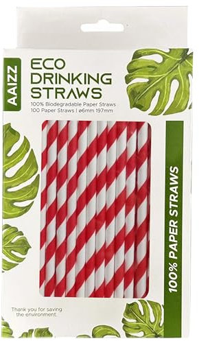 Pajitas de papel ecológicas, biodegradables, seguras para fiestas, niños, batidos, paquete de 12, rayas rojas y blancas (100, multicolor)