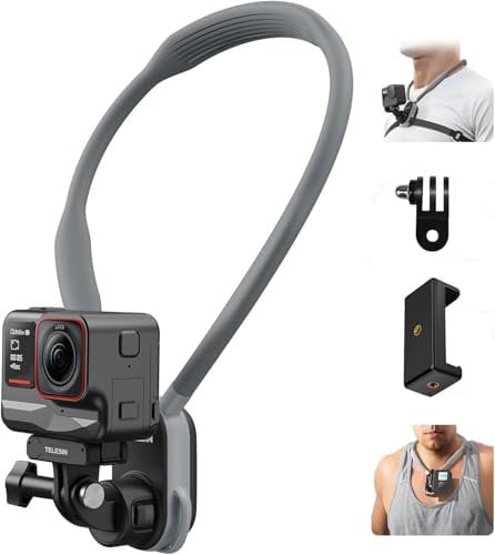 TELESIN° Quick Release Neck Mount for DJI Osmo Action 5 Pro/4 GoPro Hero 13 12 11 10 Insta360 Samsung, Pov Neck Holder with Fixed Chest Strap, Vlog Accessories(with Clip, 1/4 Adapter)