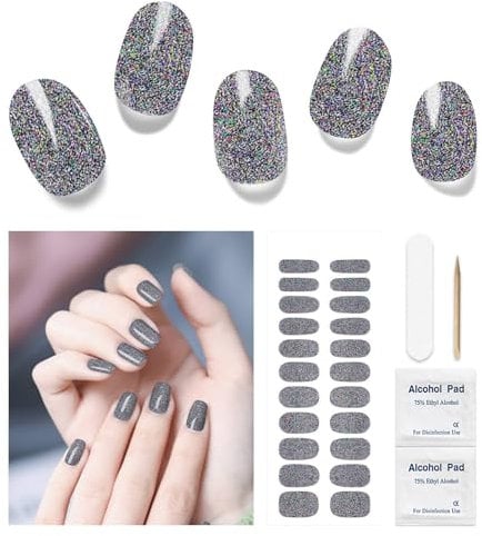 DUKASOU Semi-Cured Gel Nail Strips, 22 Pieces Real Nail Polish Stickers, Gel Nail Stickers, Decals, Long-Lasting Nail Polish Strips for Women and Girls(Sparkle Black)