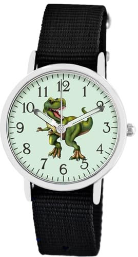 Brecjon Kinder Armbanduhr Jungen Jungenuhr Kids Dinosaurier T Rex Leucht Zifferblatt 5ATM Wasserdicht Textil Armband schwarz 5205