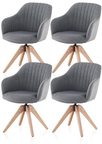TUKAILAI Esszimmerstühle Drehbar 4er-Set aus Leinen, Drehstuhl Esszimmer mit Armlehnen Rückenlehne Massivholzbeine,Küchenstuhl Polsterstuhl Armlehnenstuhl für Wohnzimmer Küche Schlafzimmer, Grau