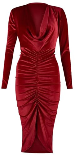 Women's Velvet Ruched Bodycon Midi Dress Ladies Long Sleeve Cowl Neck Front Ruched Party Wear Fancy Dress Wine-16-18