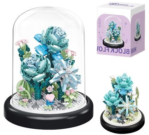 SKIKHN Blumen Bausteine Set, Blaue Rose Unsterblicher Blumenstrauß Baustein mit Schutzhülle, 522 Stück Mini Baustein Set, Mikro Blumen Bausteine, Kunstpflanzen BAUS-Teine für Erwachsene