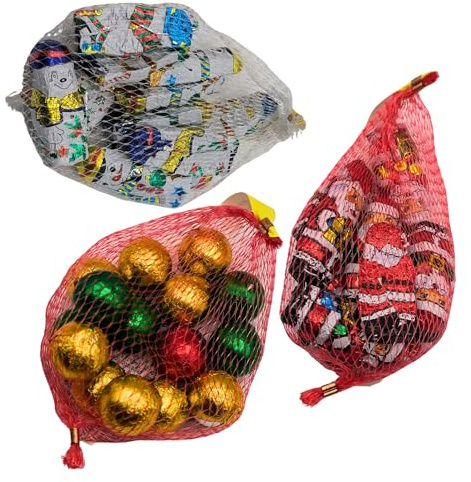 Christmas Chocolate Snow Men, Christmas Balls And Chocolate Santas In Nets - Individually Foiled Milk Chocolate Gift Pack - Novelty Stocking Fillers Kids Men Women - Secret Santa Gift - Pack Of 3