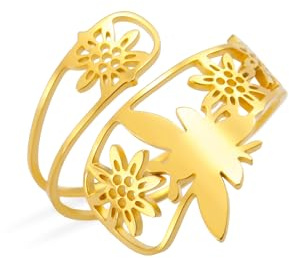 Dreamtimes Vintage Biene Ringe Einstellbare Bienen Blume Löffel Ringe für Frauen Sonnenblume Biene Ring Daumen Honig Ringe Edelstahl Wrap Open Rings Tierschmuck