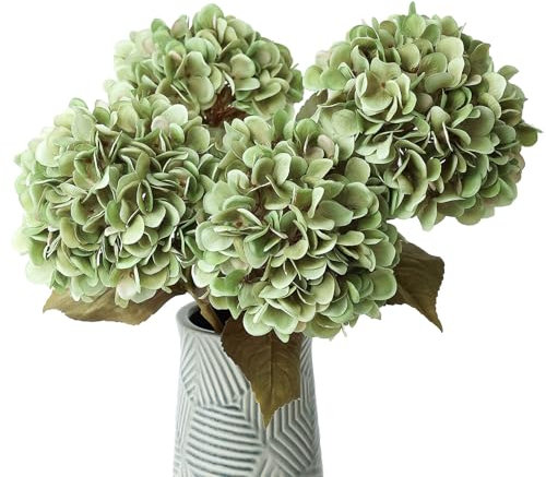 mizii Künstliche Hortensien, große künstliche Hortensien, aus Seide mit Blättern, Stielen, realistische künstliche Hortensien, Dekorationen für Hochzeit, Tischdekoration, Vase, Heimdekoration, Grün, 4
