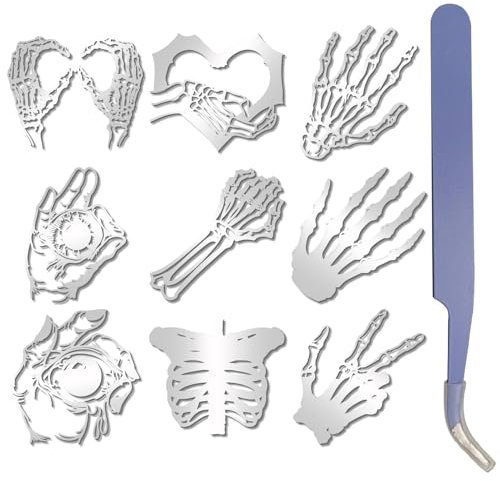 craspire 9 Stück 9 Stile Skeletthände Aufkleber Totenkopf Hand Aufkleber Silberfarbenes Metall Wasserdicht Selbstklebend Geprägtes Vinyl Mit Pinzette Für Schutzhelm Laptop Flasche Telefon Auto