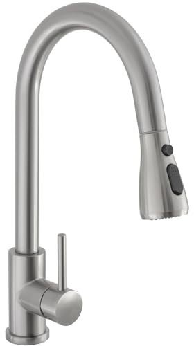 VALAZ Robinet Cuisine Douchette Acier Brossé | Mitigeur Cuisine avec Douchette Haute Pression, Rotatif à 360°, Pas de Fuites, Installation Facile et Rapide | Laiton, Acier Inoxydable, Série Eco Parana