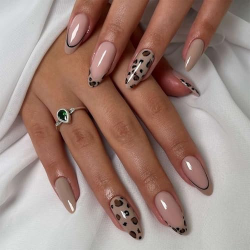 24pcs French Almond Stick on Nails with Leopard Print Pattern,Glossy Medium Length False Nails with Glue,French Tip False Na-ils,Almond Fake Nai-ls,Stick on Na-ils for Women Girls,Nail Art Accessories
