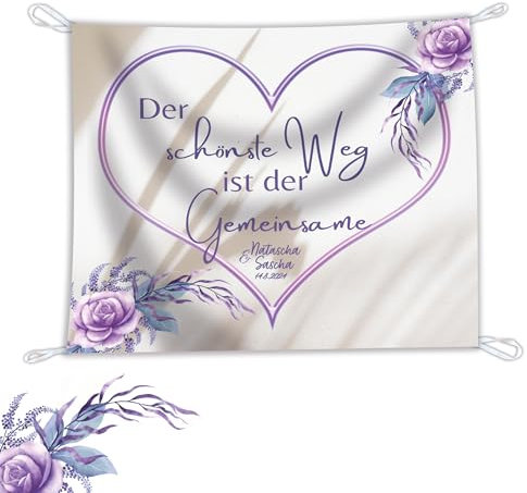 Salilena® Personalisiertes Hochzeitsherz zum Ausschneiden (200x180cm) inkl. 2 Scheren und wiederverwendbarem Zip Beutel aus Baumwolle - Standesamt Überraschung - Hochzeitzlaken (Lila)