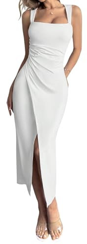GORGLITTER Damen Kleid Elegant Midikleid mit Schlitz Camisole Sommerkleider Eckiger Ausschnitt Partykleid Ärmellose Lange Hochzeitkleid Wickelkleid Weiß M