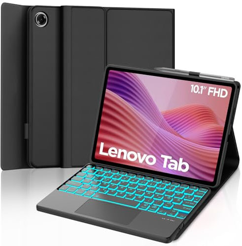SENGBIRCH Custodia per tastiera Lenovo Tab Tablet 10.1 2025 – QWERTZ Tasto retroilluminato tedesco tastiera Bluetooth rimovibile per Lenovo Tab Tablet 10.1 2025 (TB-311FU TB-311XU), nero