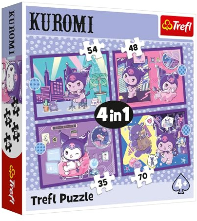 Trefl - Puzzles von 35 bis 70 Teile, 4-in-1: Kuromi-Tag, 4+ | Set mit 4 Puzzles, unterschiedliche Schwierigkeitsgrade, Förderung von Konzentration und Beobachtungsgabe, hohe Qualität