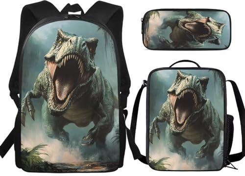 JUDENTIDOS Schulrucksack für Jungen, 43,2 cm, Büchertasche und Lunchbox für Kindergarten, 3 Stück, T Rex Dinosaurier