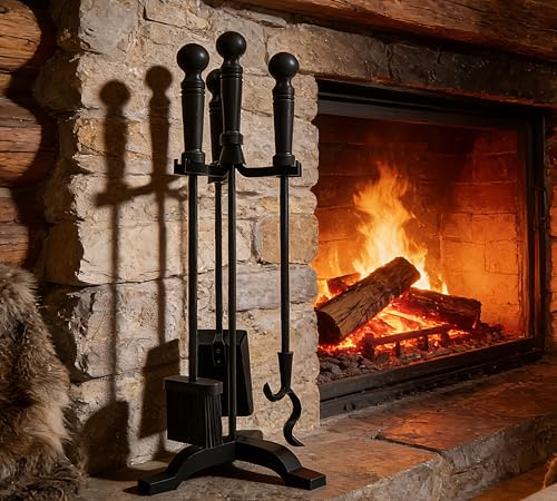 Kingson 4-Piece Black Iron Fireplace Tool Set – Includes Brush, Shovel, Poker & Stand – Compact Fireside Companion Set for Wood Burners & Open Fires