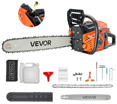 VEVOR Motosega a Gas da 508 mm Motosega a Scoppio da 62 cc 3,6 CV con Impugnatura Antiscivolo, con Doppio Serbatoio, per Taglio del Legno, Potatura degli Alberi e Disboscamento, Arancione Nero
