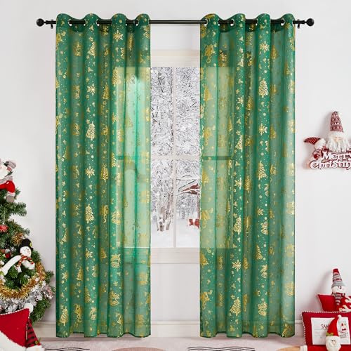 KGORGE Weihnachts Gardine Grün Weihnachten Wohnzimmer 225cm Hoch Weihnachtsvorhänge mit Ösen Weihnachtsdeko Vorhang Weihnachtsbaum Transparent Christmas Curtains Living Room, H 225 x B 140 cm