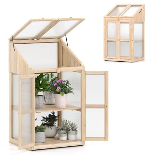 HOMASIS Invernadero de balcón de policarbonato y cristal, miniinvernadero de jardín con 2 estantes y puertas, invernadero de terraza de madera de abeto (natural, 69 x 58 x 121 cm)