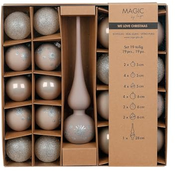 Weihnachtskugeln Glas 5-6cm mit Spitze 19er Set - Glitzer Motiv - Christbaumkugeln Weihnachtsbaumkugeln und Christbaumspitze - Christbaumschmuck & Weihnachtsbaumschmuck Taupe - Fine Alabaster