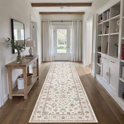 PureCozy Vintage Waschbarer LäUfer Flur Teppich 60x240cm, Multicolore | Blumenmuster,Waschbar, Rutschfest, Kurzflor, Weich, Küche, Eingangsbereich, Schlafzimmer, Bettvorleger