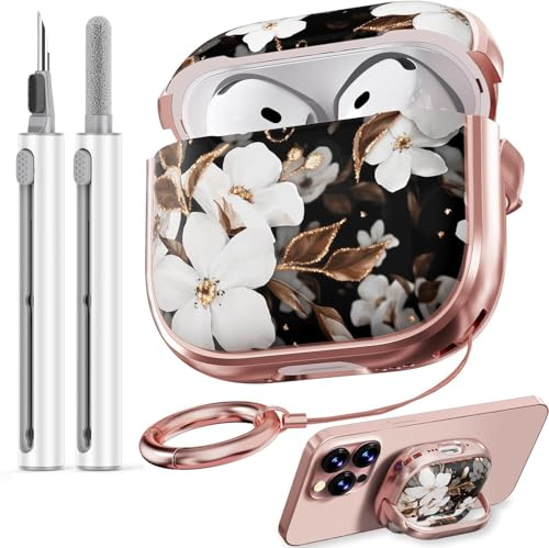 Safety Lock Inesore Floral Cute Hülle Compatible with AirPods 4 (ANC), Case for Women Girls, with Cleaning Kit and Keychain (2024) - Gold